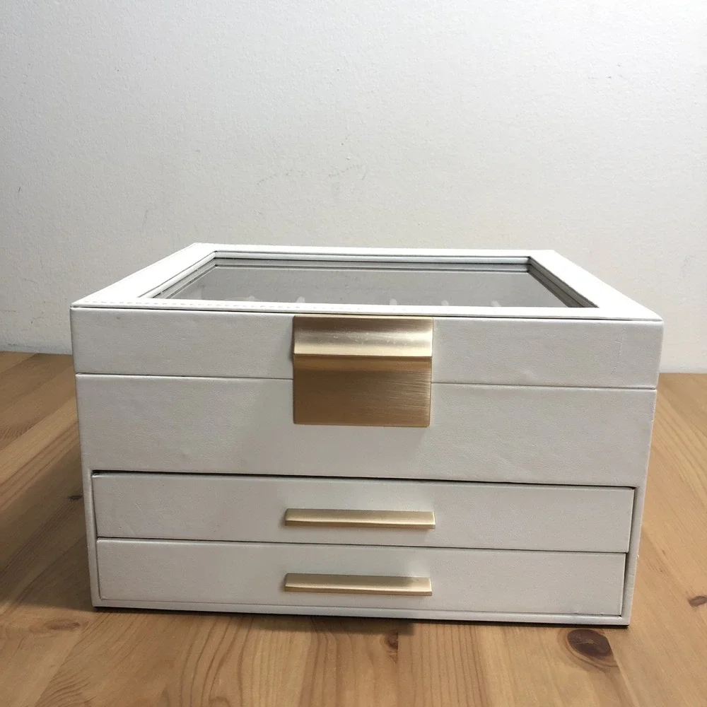 SONGMICS Jewelry Box Glass Lid 3-Layer Organizer 2 Drawers White Gold
